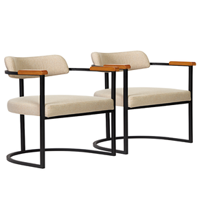 Kit 02 Poltronas Ohio Braço Madeira Linho Marfim Estrutura Preto