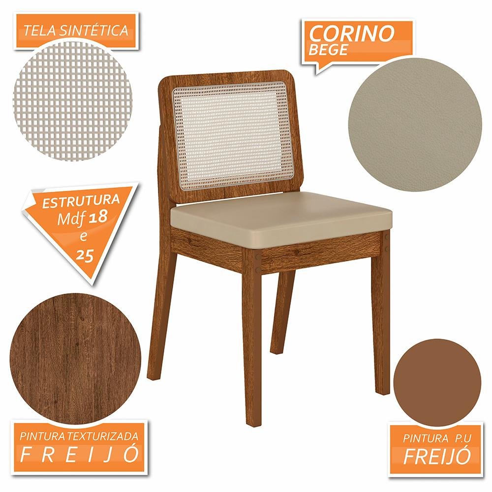 Mesa Redonda C/vidro 4 Cadeiras Sextavada Cali Fre/off/cor. Bege - Ma Freijó/off Premium/corino - 6