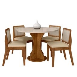 Mesa Redonda C/vidro 4 Cadeiras Sextavada Cali Fre/off/cor. Bege - Ma Freijó/off Premium/corino - 2