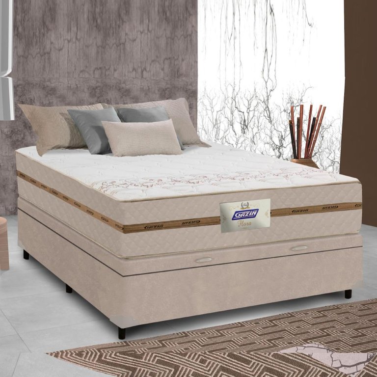 Cama Box Baú Casal Colchão Molas Flora Bege 138x188x60cm