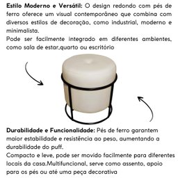 Puff de Ferro Decorativo Redondo para Sala Argola Glamour Bege Base Pés Preto - 5