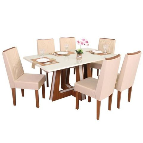 Conjunto Mesa Retangular Agnes Vidro Off White 6 Cadeiras Stela com Apliques Corriente Areia