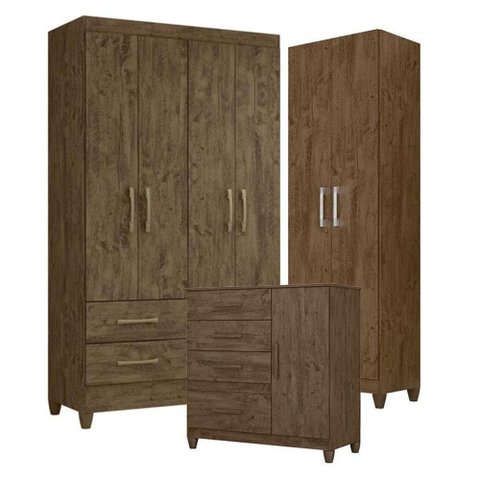 Guarda Roupa Solteiro Chile com Cômoda Vênus com Pés e Armário Multiuso New Íris Castanho Wood