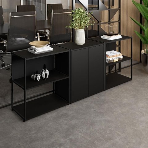Armário para Escritório e 2 Estantes Industriais F5 Office Cor:preto