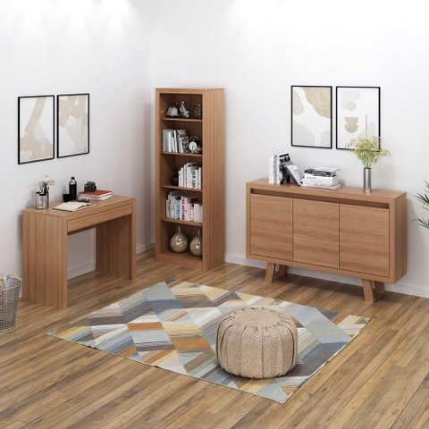 Kit para Escritório com Mesa Estante e Balcão Buffet 3 Portas 1 Gaveta Amêndoa Tecno Mobili