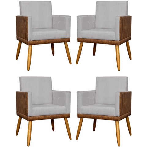 Kit 4 Poltronas Decorativas Lis Corino e Linho Cores Pé Palito 30 Cm Castanho