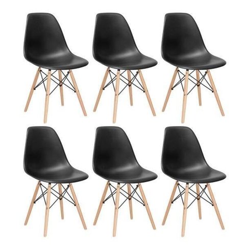 Kit 6 Cadeiras Charles Eames Eiffel Dsw - Base de Madeira Clara - Preto Multicolorido