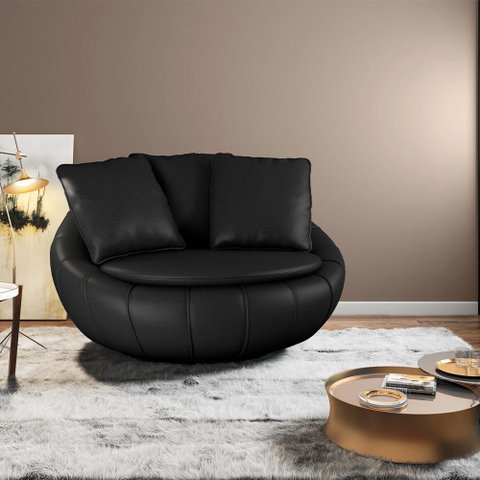 Poltrona Giratória Sala de Estar Afrodite com Almofadas Pu Preto G45 - Gran Belo