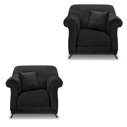 Kit 2 Poltronas Veludo Preto Pés Castanho