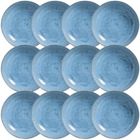 Kit 12 Pratos Fundos 830ml Cerâmica Azul Linhas Breeze 22,5cm Mesa Jantar Porto Brasil