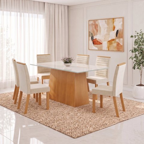 Conjunto Sala de Jantar Mesa Dora 160cm Tampo MDF e Vidro Canto Reto 6 Cadeiras Tainá