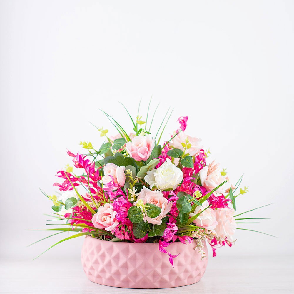 Arranjo Rosas Artificial no Vaso de Cerâmica Rosa Beng Flores