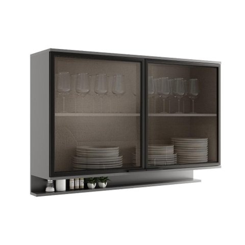 Armário Aéreo Miami 120cm 2 Portas MDP com Porta de Vidro Cinza Titânio Móveis Carraro