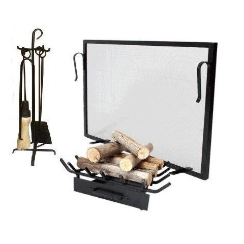 Kit Lareira Tela 60x40 Grelha e Acessorio Argola Pequeno Ferro