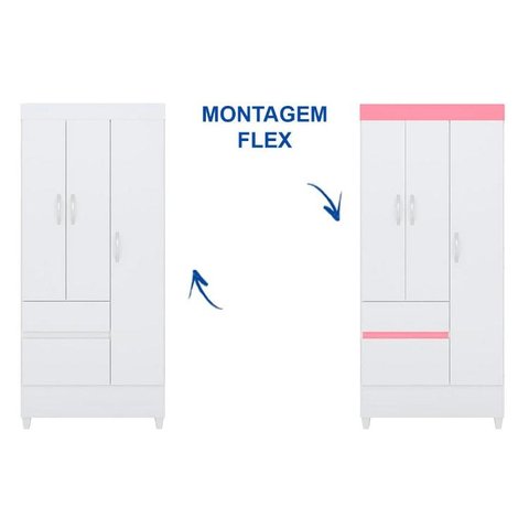 Guarda Roupa Solteiro 3 Portas e 2 Gavetas Wind Branco/Rosa - Demóbile