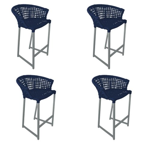 Kit 4 Banquetas Reis em Corda Náutica e Base em Alumínio Cinza para Área Gourmet Azul Marinho