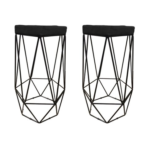 Kit Com 2 Banquetas Hexagonal Aramado Preto Suede Preto Combo Stock Suede Preta