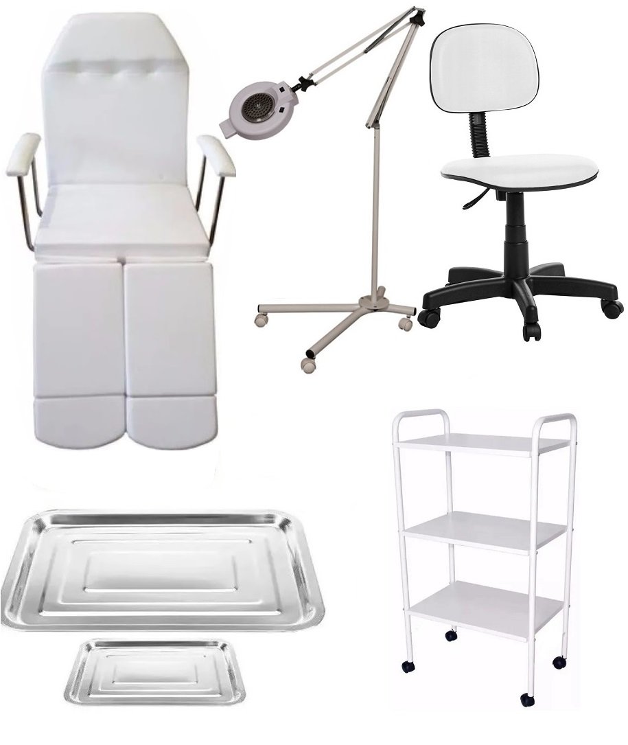 Kit Cadeira de Podologia Branco Carrinho Exaustor com Tripé Mocho e Brinde Fiscomed Kit para Podolog