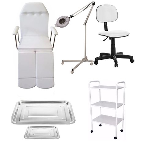 Kit Cadeira de Podologia Branco Carrinho Exaustor com Tripé Mocho e Brinde Fiscomed Kit para Podolog