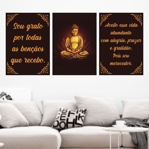 Kit 3 Quadros Buda Sou Grato 45x34cm - com vidro:Madeira preta