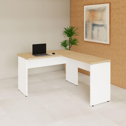 Mesa Escrivaninha 120cm em L Tampo 30mm Pés Painel F5 Office Cor:Macadâmia com Branco