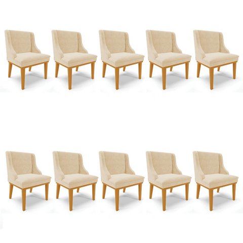 Kit 10 Cadeiras Estofadas para Sala de Jantar Base Fixa de Madeira Castanho Lia Suede Bege - Ibiza