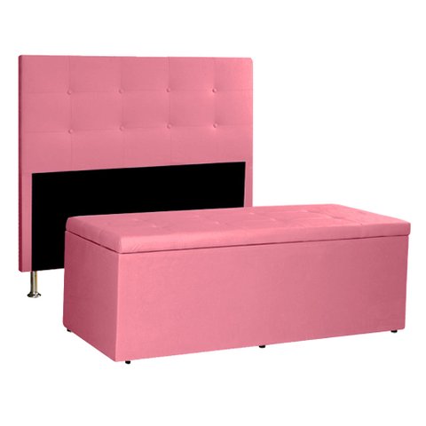 Kit Cabeceira e Calçadeira Baú Casal 1,40m Berlim Suede - Pallazio Rosa
