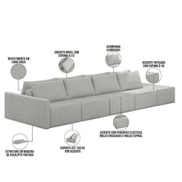 Sofá Ilha Modular para Sala 432cm com Puff Dublin K01 Linho Cinza - Lyam Decor - 4