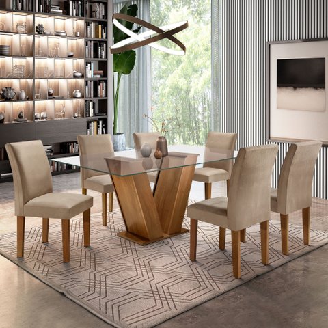 Conjunto Sala de Jantar Mesa Tampo de Vidro e 6 Cadeiras Classic