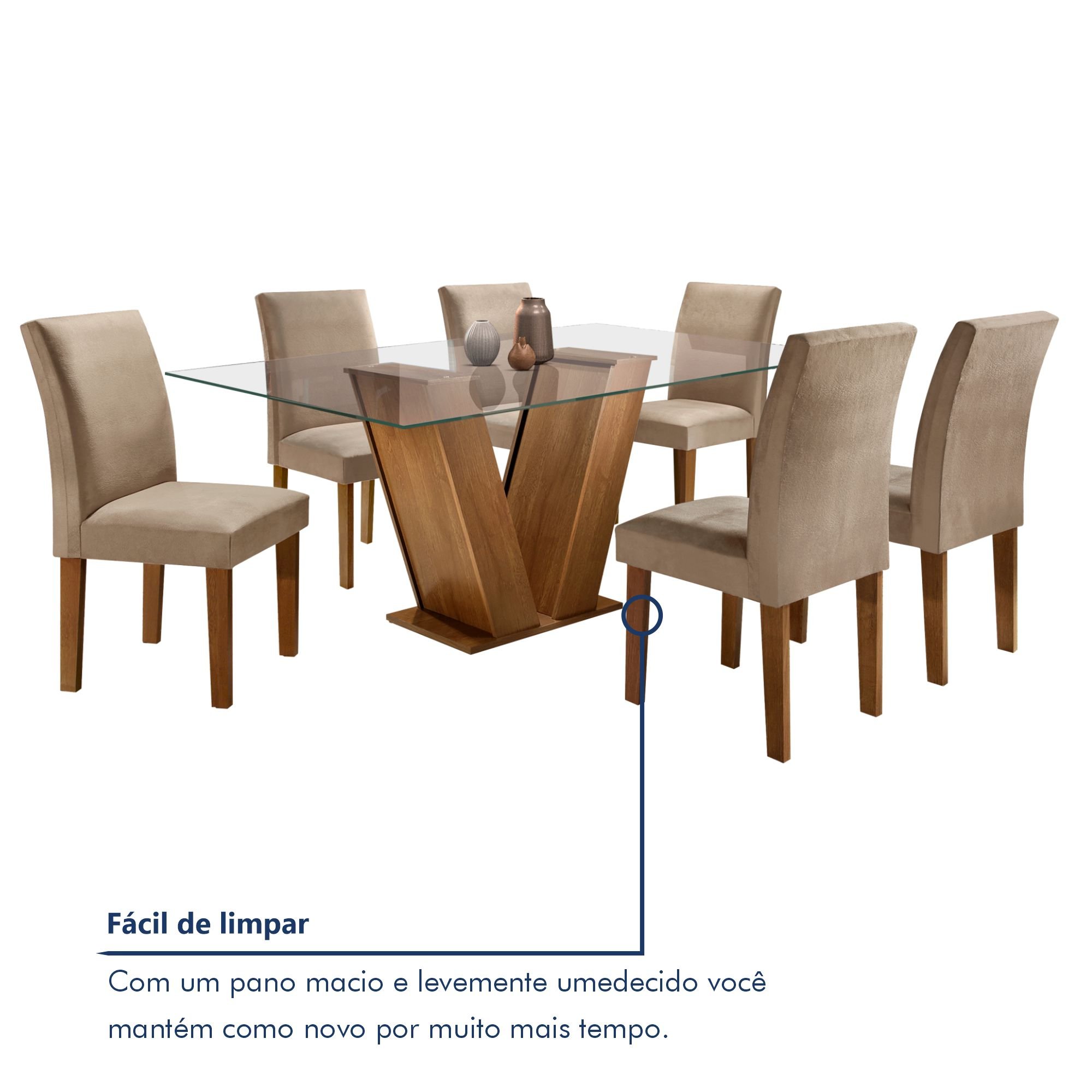 Conjunto Sala de Jantar Mesa Tampo de Vidro e 6 Cadeiras Classic  - 8