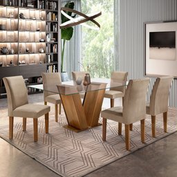Conjunto Sala de Jantar Mesa Tampo de Vidro e 6 Cadeiras Classic  - 1