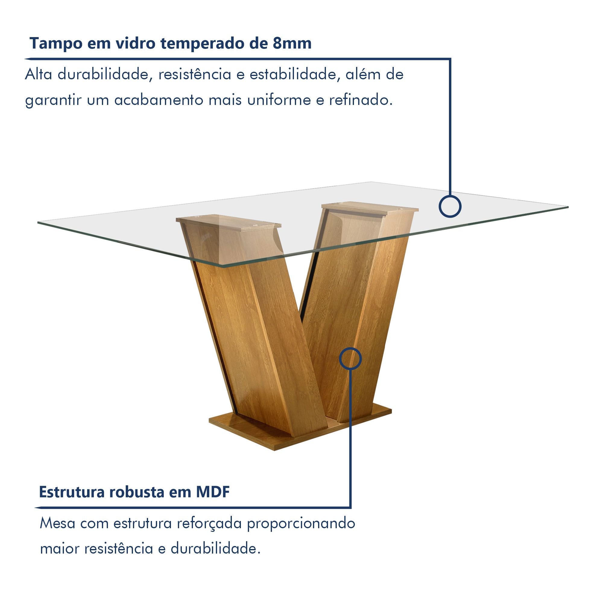 Conjunto Sala de Jantar Mesa Tampo de Vidro e 6 Cadeiras Classic  - 2