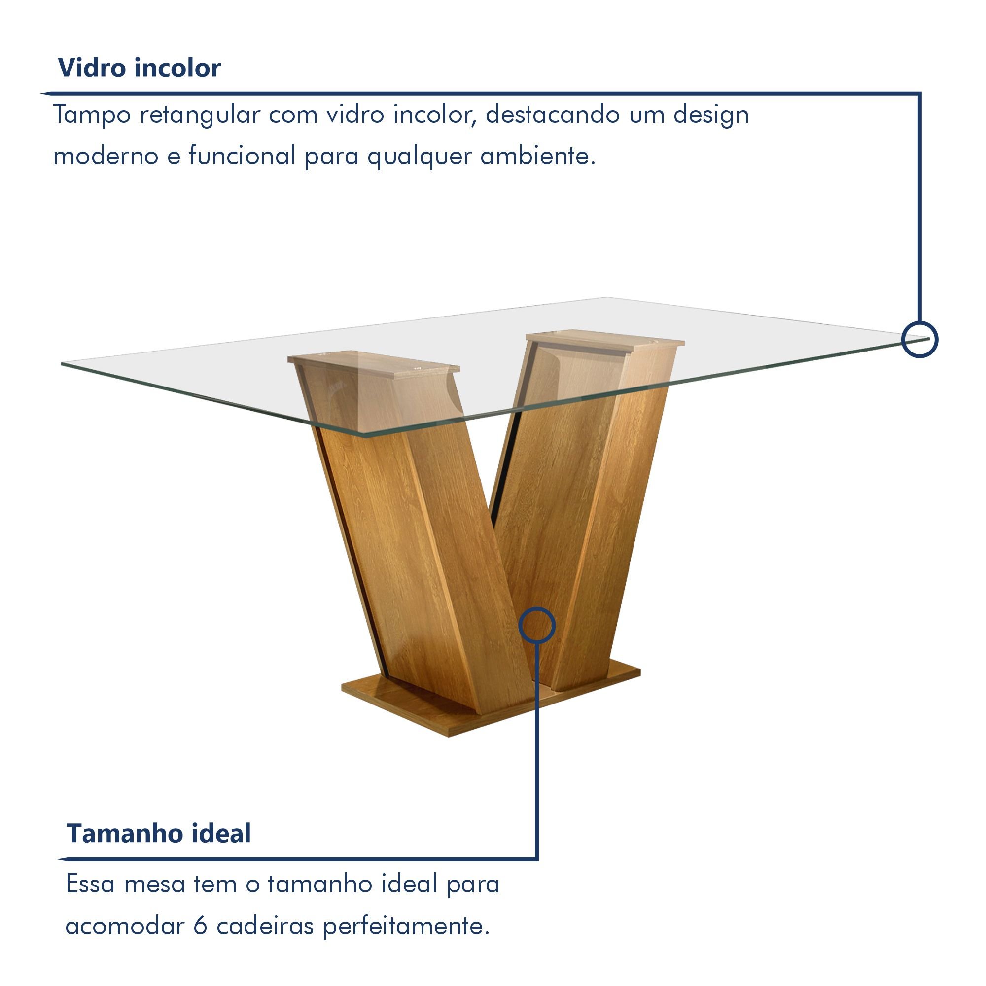 Conjunto Sala de Jantar Mesa Tampo de Vidro e 6 Cadeiras Classic  - 4