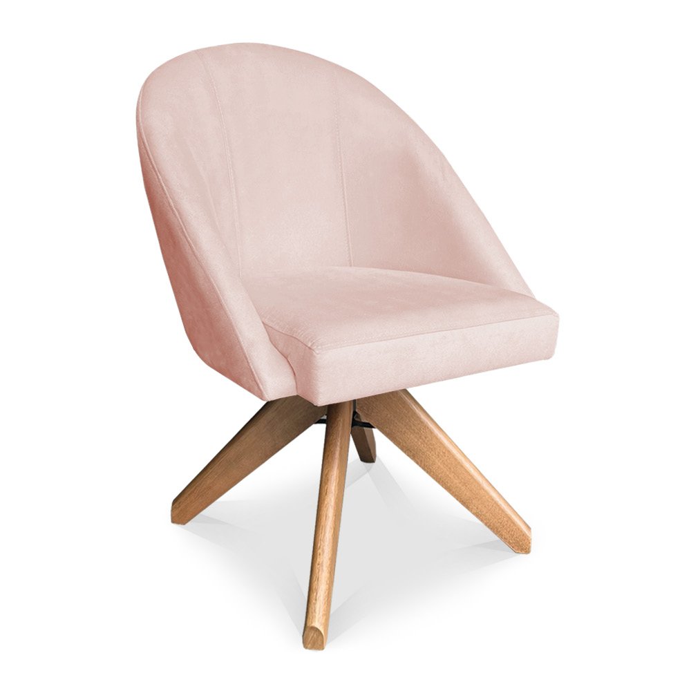 Poltrona Cadeira Giratória Bela Suede Rosa Bebê Base de Madeira - Pallazio