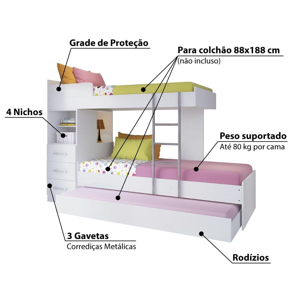 Treliche Juvenil Plus com 3 Gavetas - Branco - 3