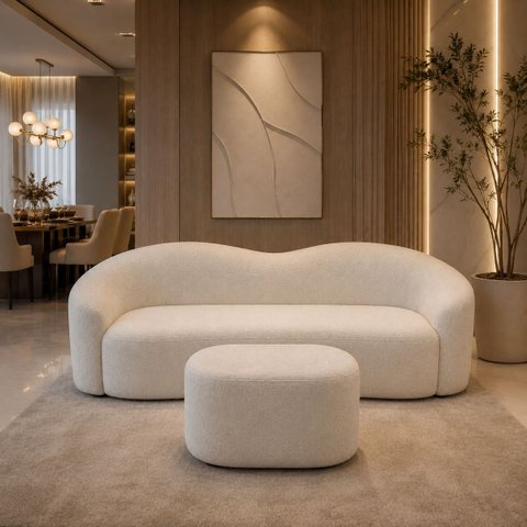 Kit Sofá + Puf Star 190 cm Orgânico 2 Lugares Sala Recepção:Off White