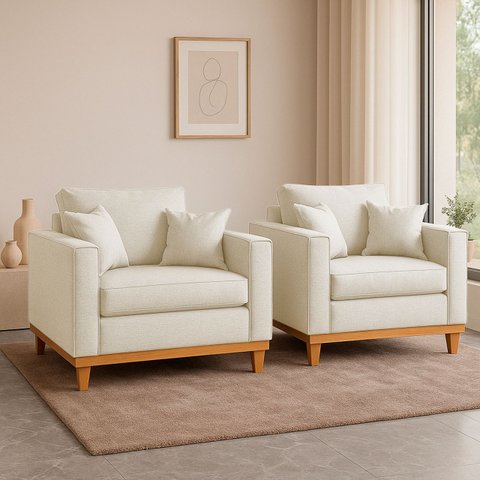 Kit 2 Poltrona Sofa Benny Linho Bege com Almofada Base de Madeira Castanho - Arkell