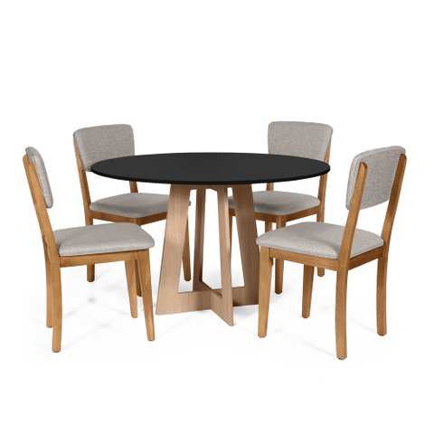 Mesa de Jantar Redonda Montreal Pret/jade com 4 Cadeiras Estofadas Ella Cinza Claro