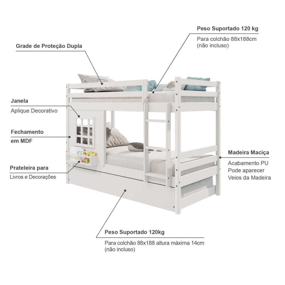 Treliche Infantil com Janela Madeira Maciça Branco Housin - 3