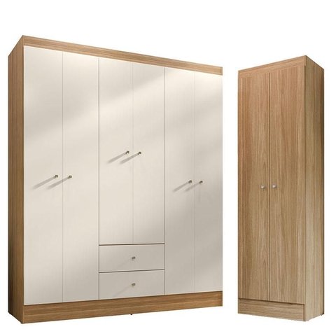 Guarda Roupa Casal Versa 6 Portas Freijó Off White Fosco com Armário Multiuso Aura Freijó Fosco - Ki