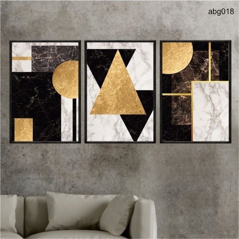 Kit 03 Quadros Decorativos Abstrato Formas Douradas Abg018 Vidro com Impressão Uv - 60x80cm Cada