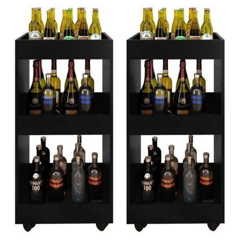Kit 2 Adegas Bar Multiuso Seul com Rodízios Preto - Mpozenato