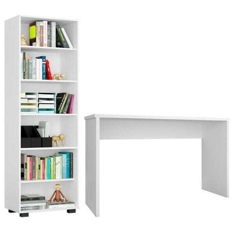Conjunto Escritório 2 Peças Mesa Gávea e Estante Office Branco - Móveis Leão