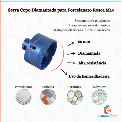 Serra Copo Diamantada 68mm para Porcelanato Ceramica e Marmore Encaixe Rosca M14 para Esmerilhadeira