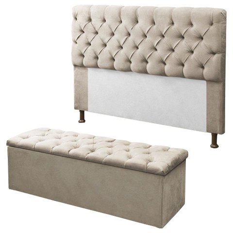 Kit Cabeceira + Calçadeira Baú Sofia Casal 140cm Corino Bege