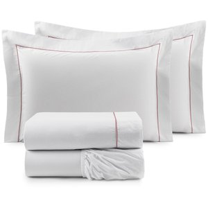 Jogo De Lençol King Glass 4Pçs 200 Fios 100% Algodão Branco/Rose