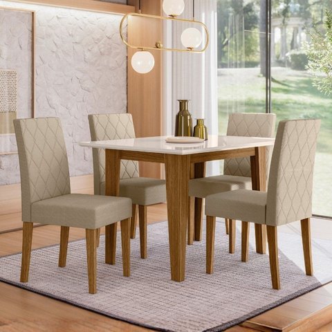 Conjunto Mesa de Jantar Kate 120cm Vidro 4 Cadeiras Jade Revestidas em Suede Carvalho/Bege/Off White
