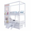 Ver imagem 5 de Beliche Casinha Reta com 02 Janelas 02 Gavetas e Escorregador Madeira Maciça Branco/ Rosa Housin