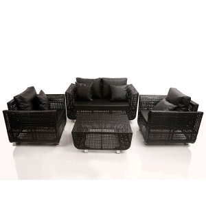 Jogo de Sofá e Poltronas Malibu com Mesa em Alumínio - Jardim, Área, Edícula, Piscina - Preto