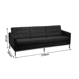 Sofá Fixo Florence Knoll 3 Lugares Inox em Couro Natural Preto - 2